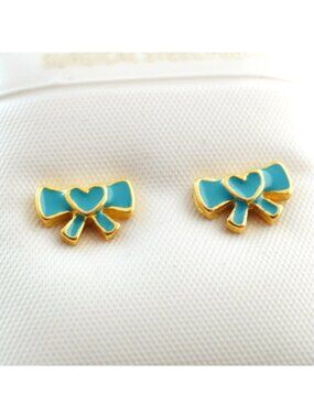 Gold Tone Blue Enamel Bow Heart Stud Earrings Surgical Steel Posts